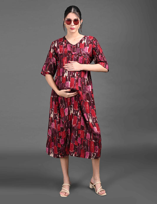 Red-Colored Maternity 3/4th Gown