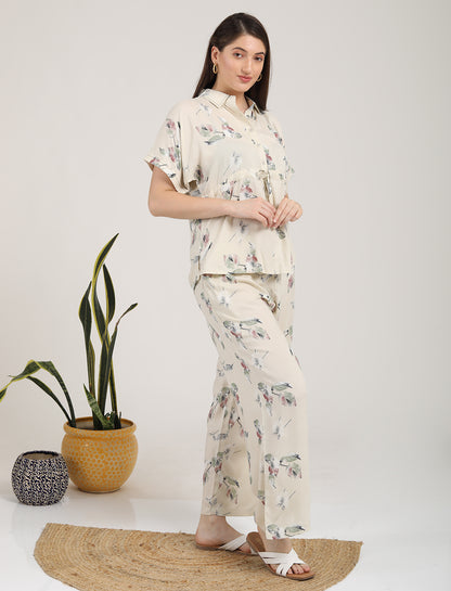 Womens Printed Co Ord Set - Cream