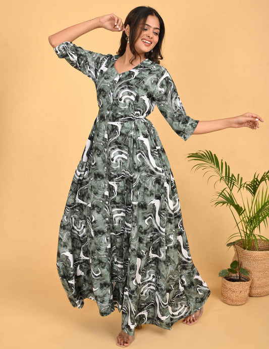 Womens Green-Colored Premium Flare Gown