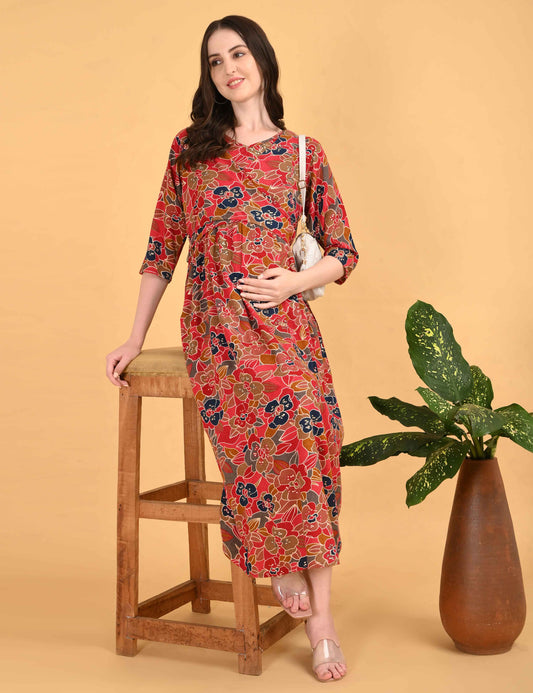 Red-Colored Maternity 3/4th Gown