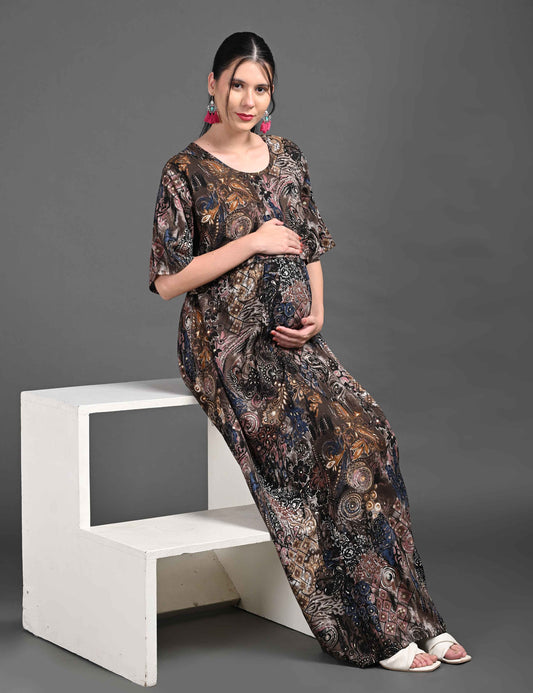 Womens Printed Maternity Long Gown - Coffee