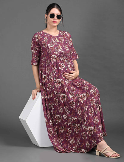 Womens Printed Maternity Long Gown - Wine