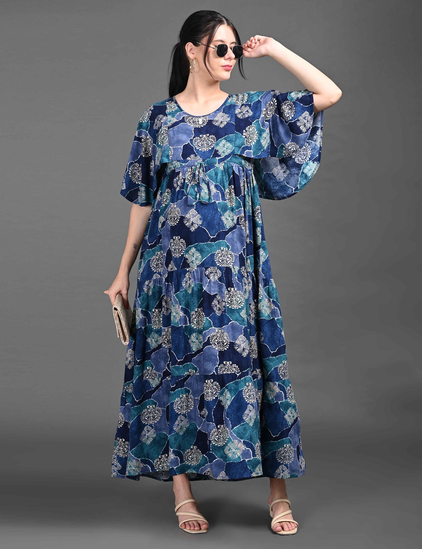 Womens Printed Maternity Long Gown - Blue