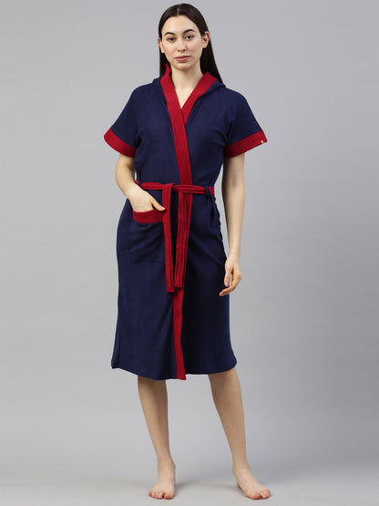 Womens Hooded Bathrobe - Navy Blue