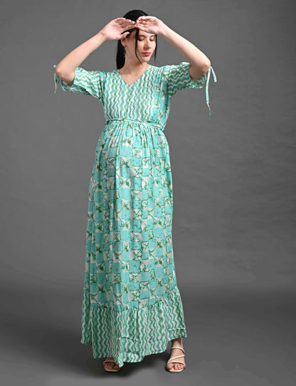 Womens Printed Maternity Long Gown - S.Green