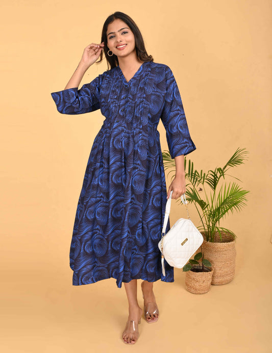 Blue-Colored Maternity 3/4th Gown