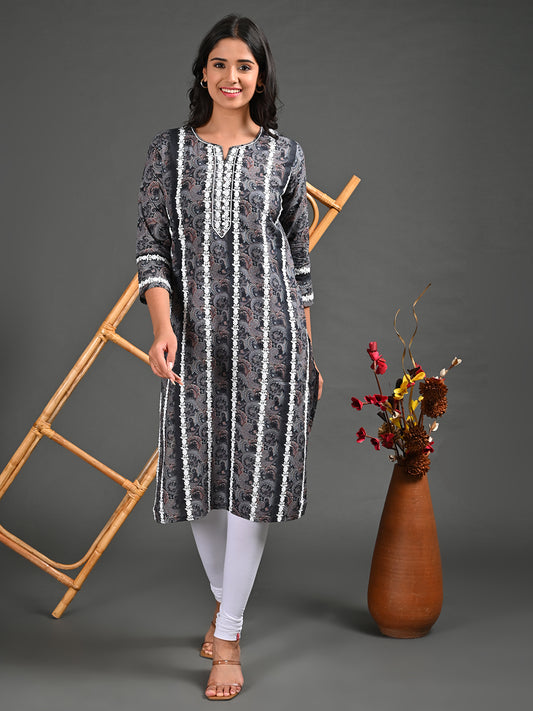 Womens Black-Colored Straight Kurta