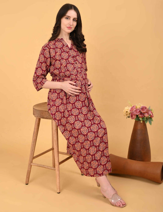 Red-Colored Maternity 3/4th Gown