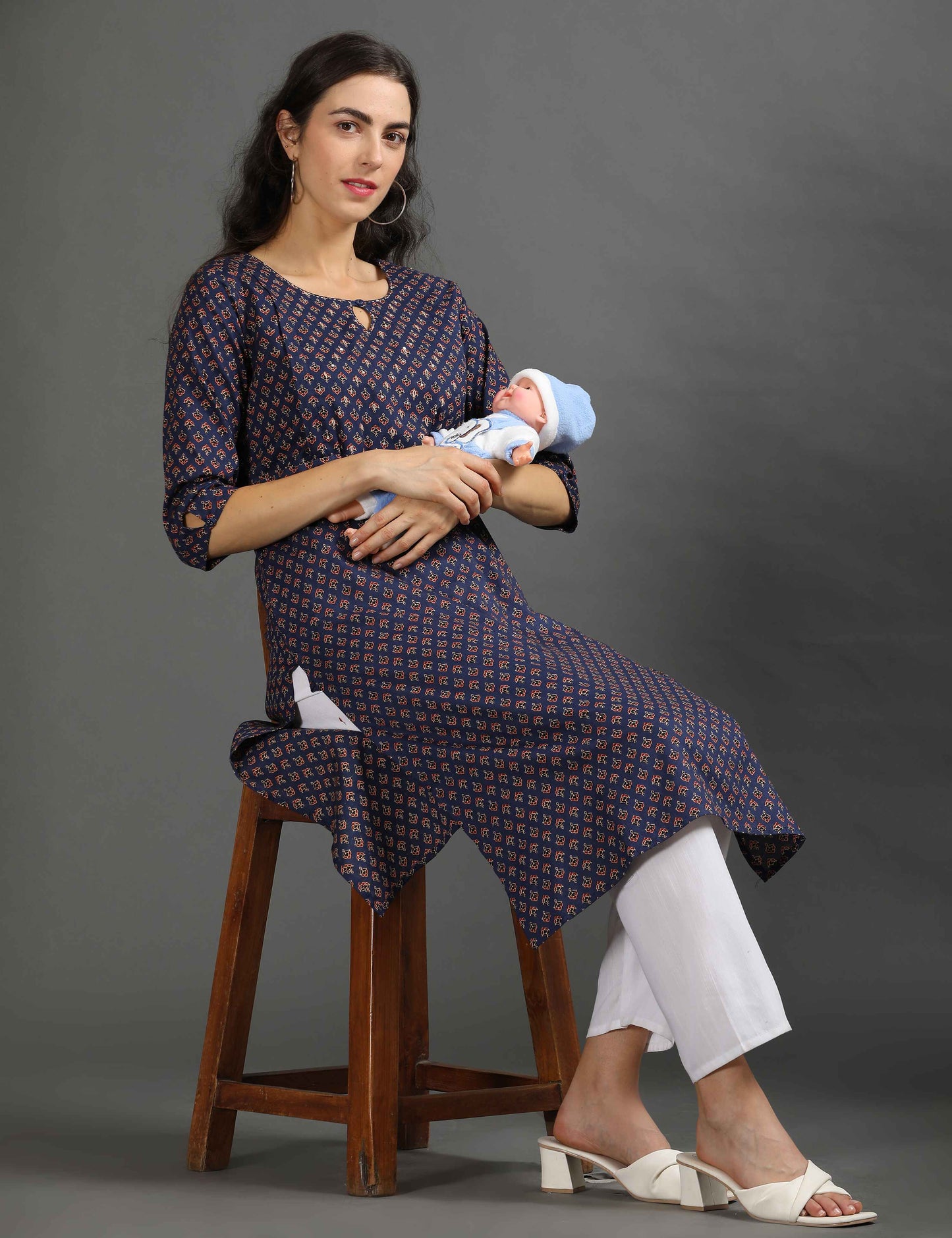 Womens Navy-Colored Printed Feeding Kurta