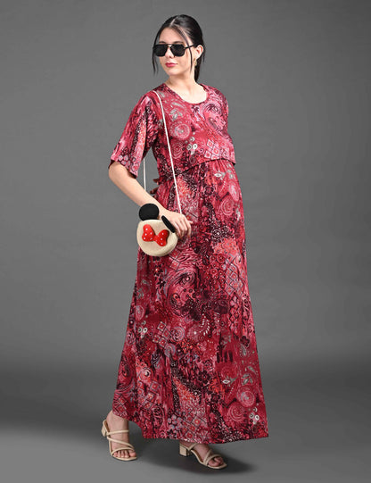 Womens Printed Maternity Long Gown - Maroon