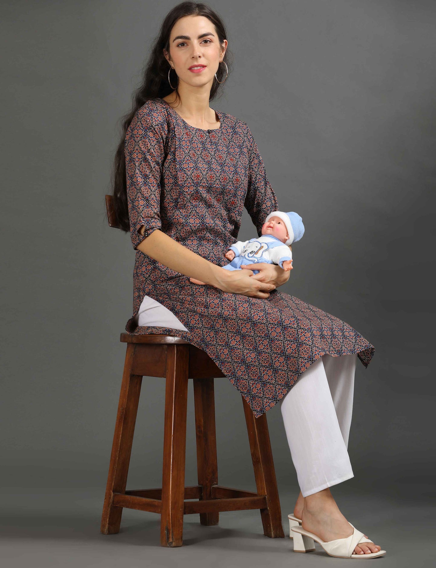 Womens Navy-Colored Printed Feeding Kurta