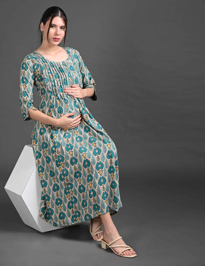 Green-Colored Maternity 3/4th Gown