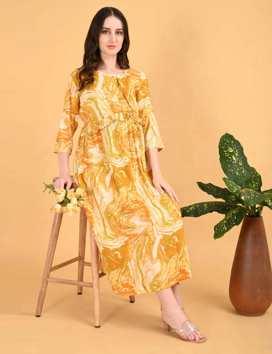 Mustard-Colored Maternity 3/4th Gown