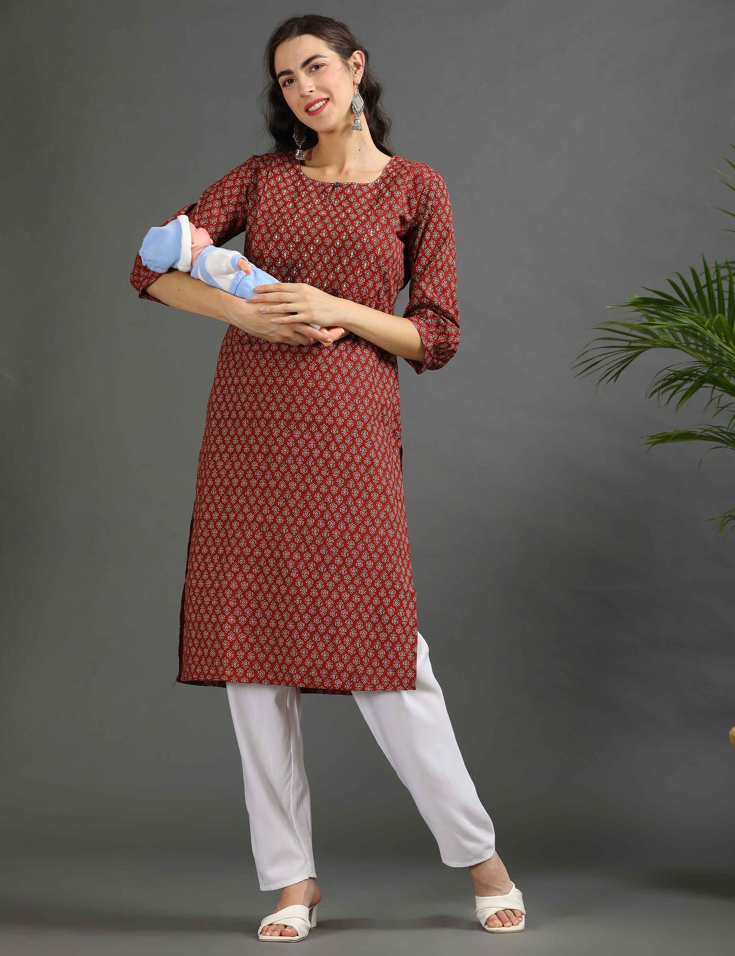 Womens Red-Colored Printed Feeding Kurta