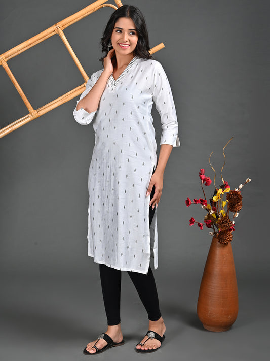 Womens Off White-Colored Straight Kurta