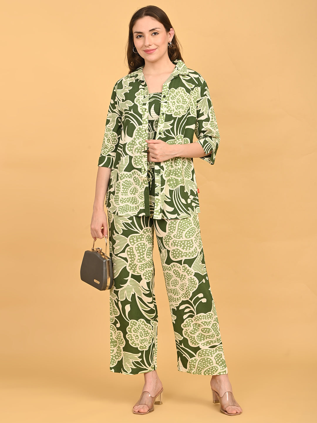 Olive-Colored Printed Co-Ord Set