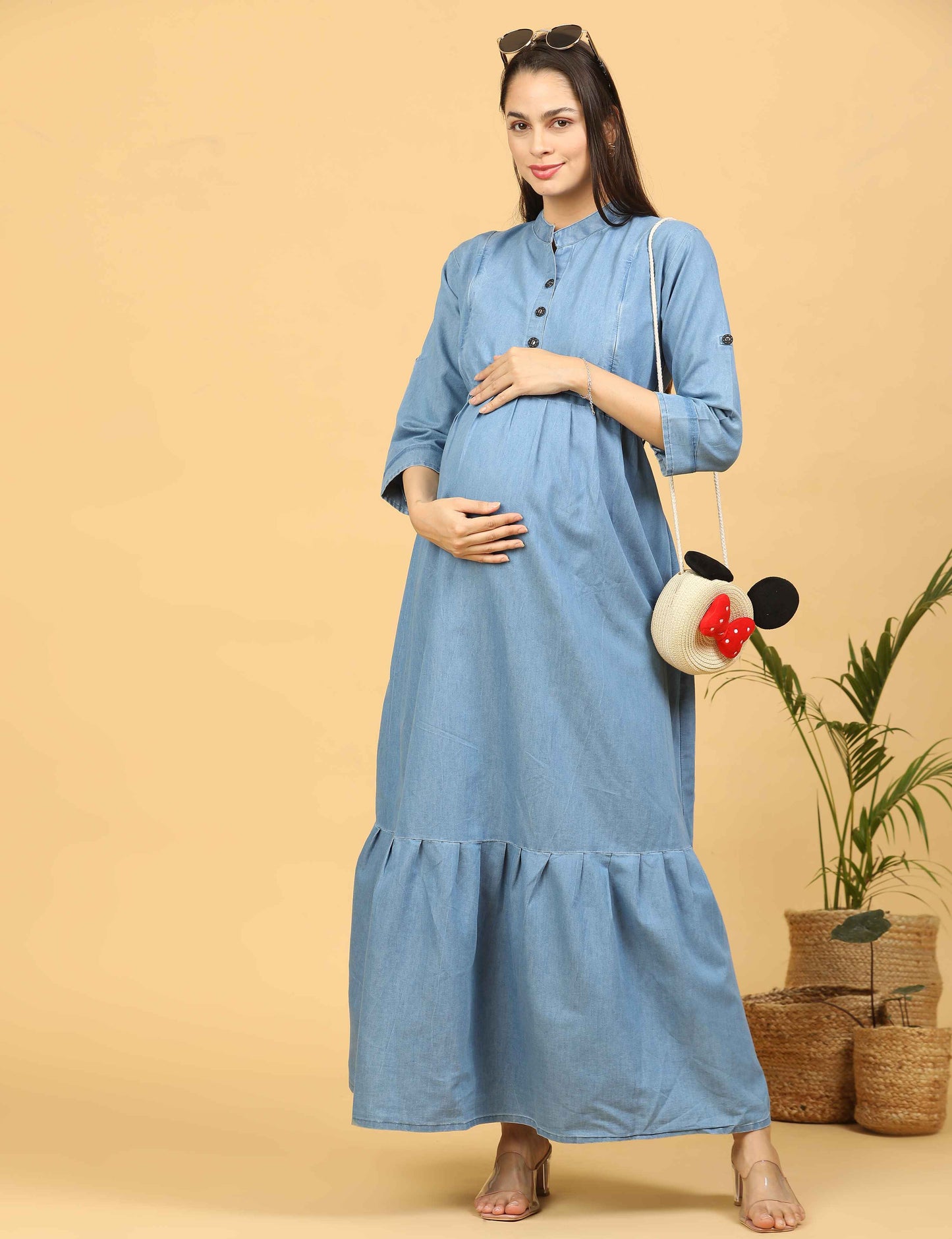 Womens Denim Maternity Long Gown - L.Blue