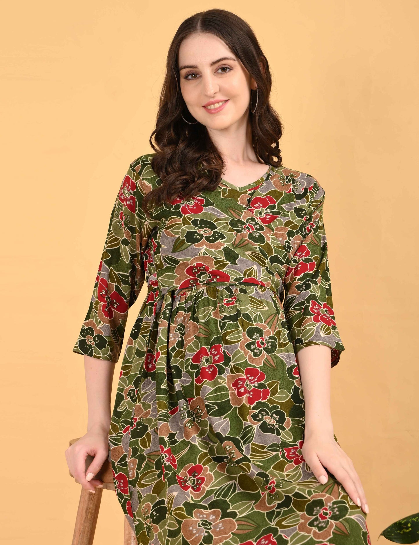 Olive-Colored Maternity 3/4th Gown