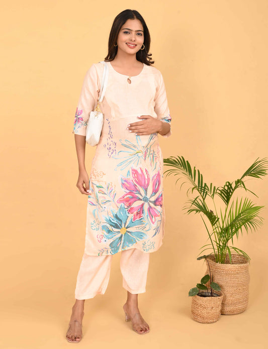 Womens Maternity Kurti Pant Set - Cream