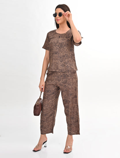 Womens Printed Co Ord Set - Brown