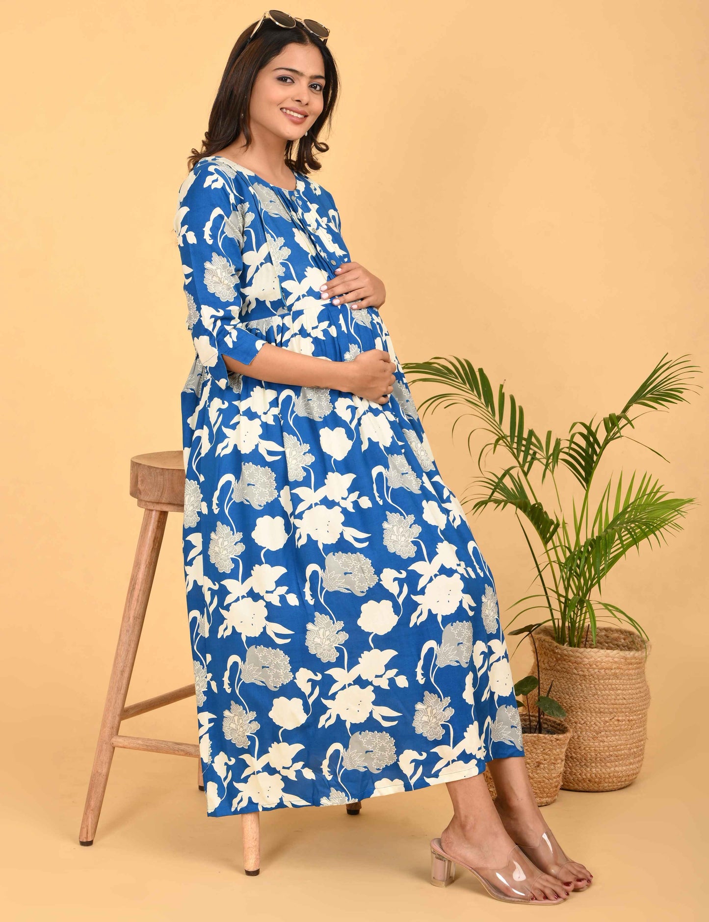 Blue-Colored Maternity 3/4th Gown