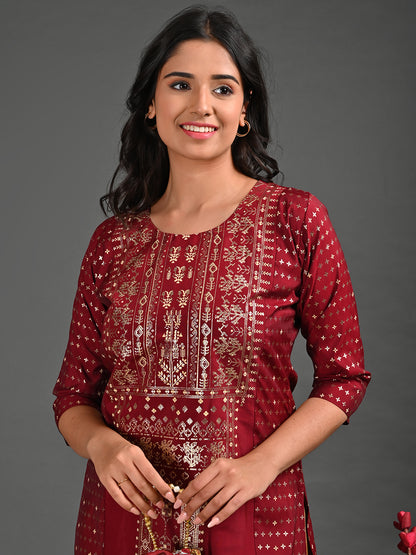 Womens Maroon-Colored Straight Kurta