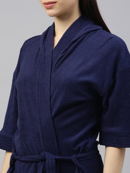 Womens Hooded Bathrobe - Navy Blue