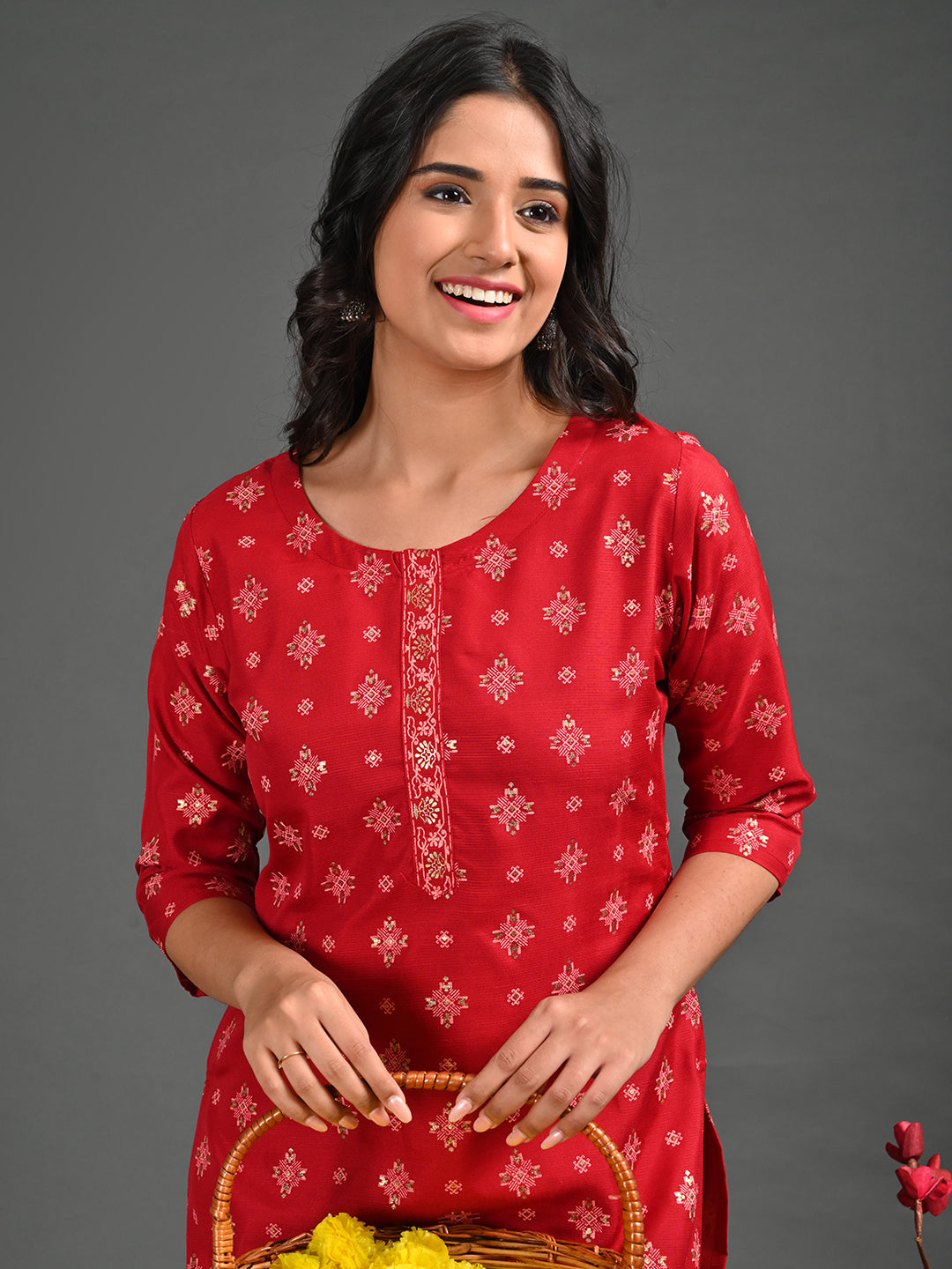 Womens Red-Colored Straight Kurta