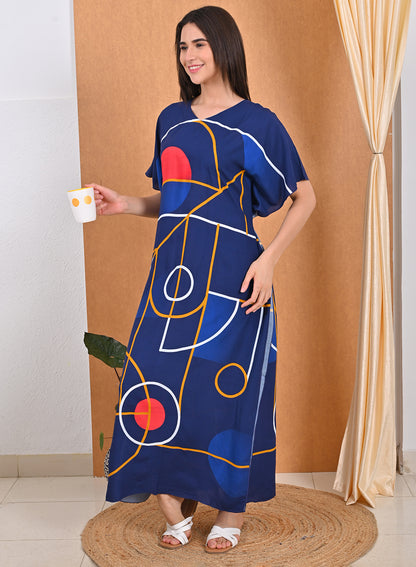 Womens Printed Kaftan Nightdress - Navy
