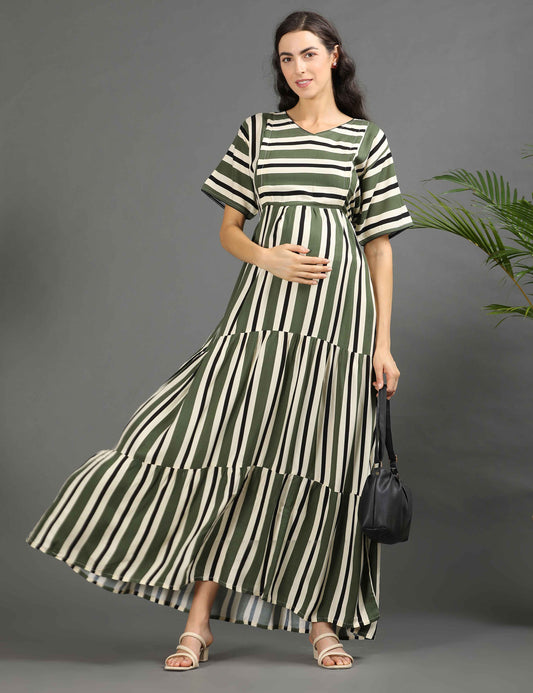 L Green-Colored Maternity Long Gown