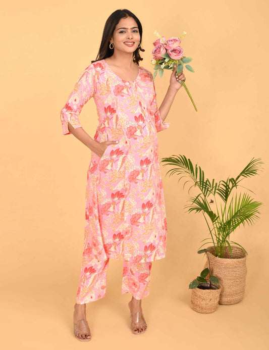 Womens Maternity Kurti Pant Set - Pink