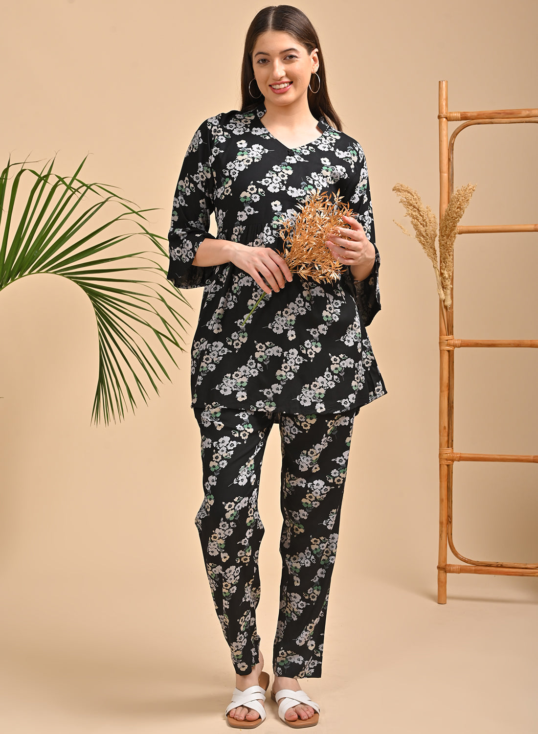 Womens Printed Co Ord Set - Black