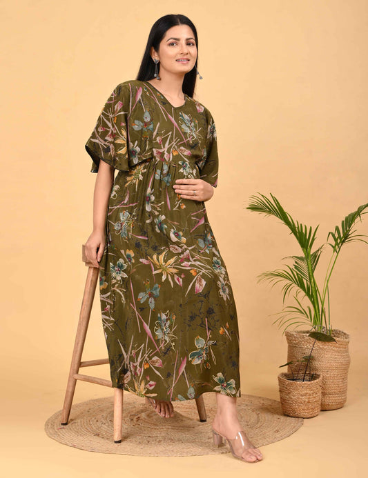 Olive-Colored Maternity 3/4th Gown