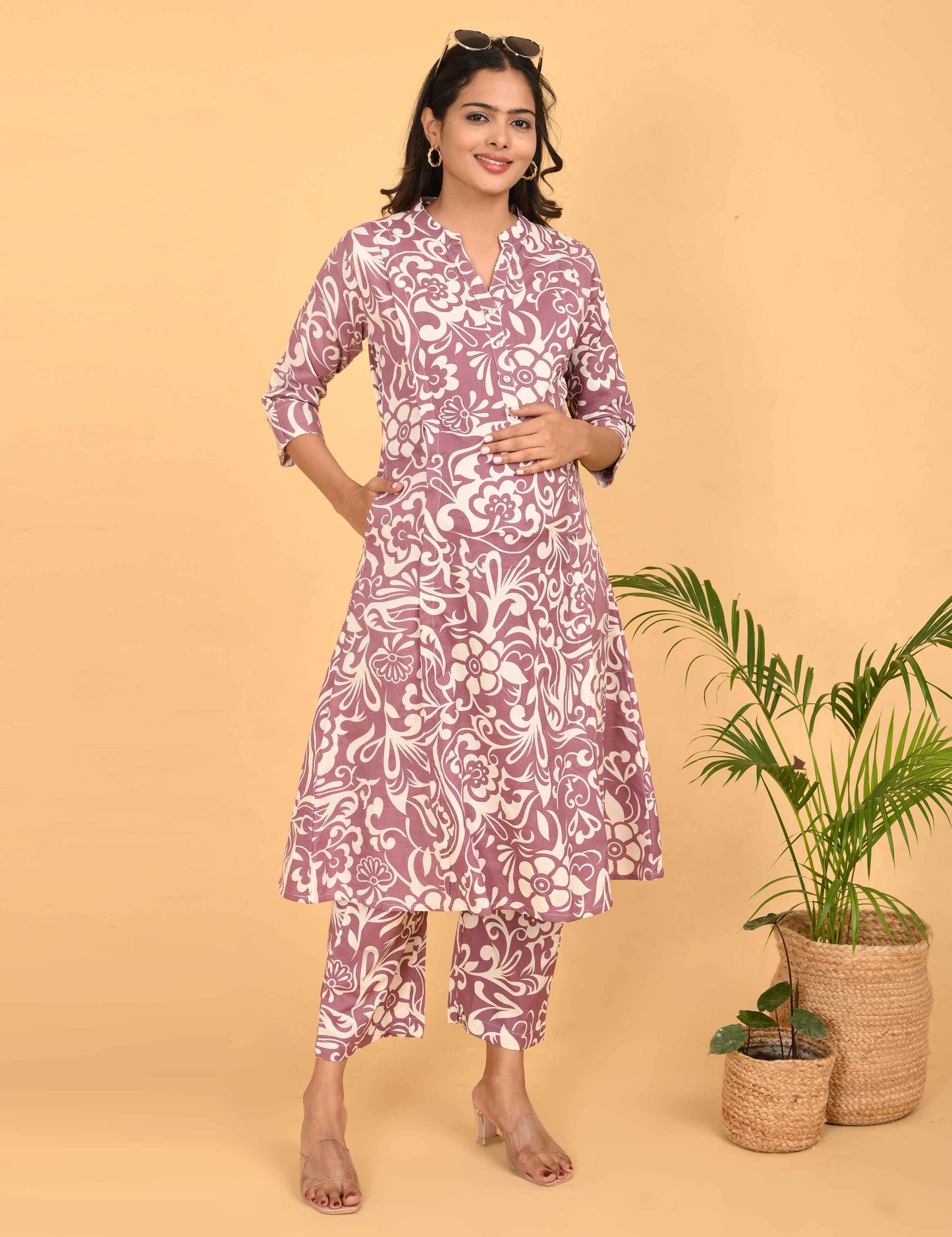 Womens Maternity Kurti Pant Set - Brown