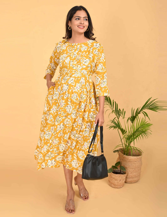 Mustard-Colored Maternity 3/4th Gown