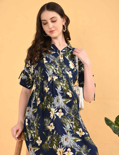 Navy Blue-Colored Maternity 3/4th Gown