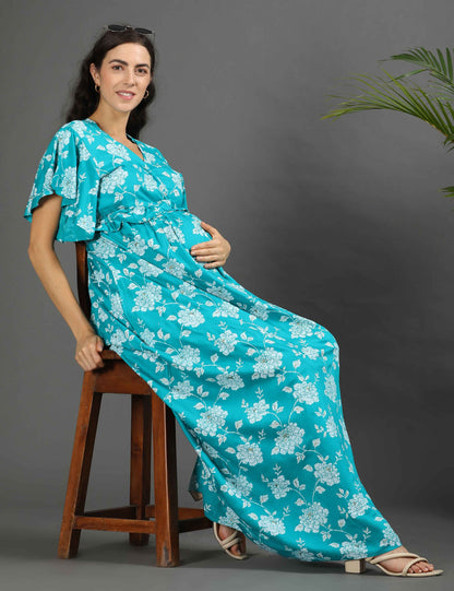 Sea Green-Colored Maternity Long Gown