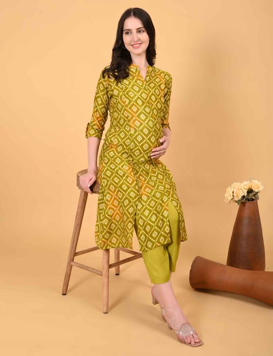 Womens Maternity Kurti Pant Set - Mehndi