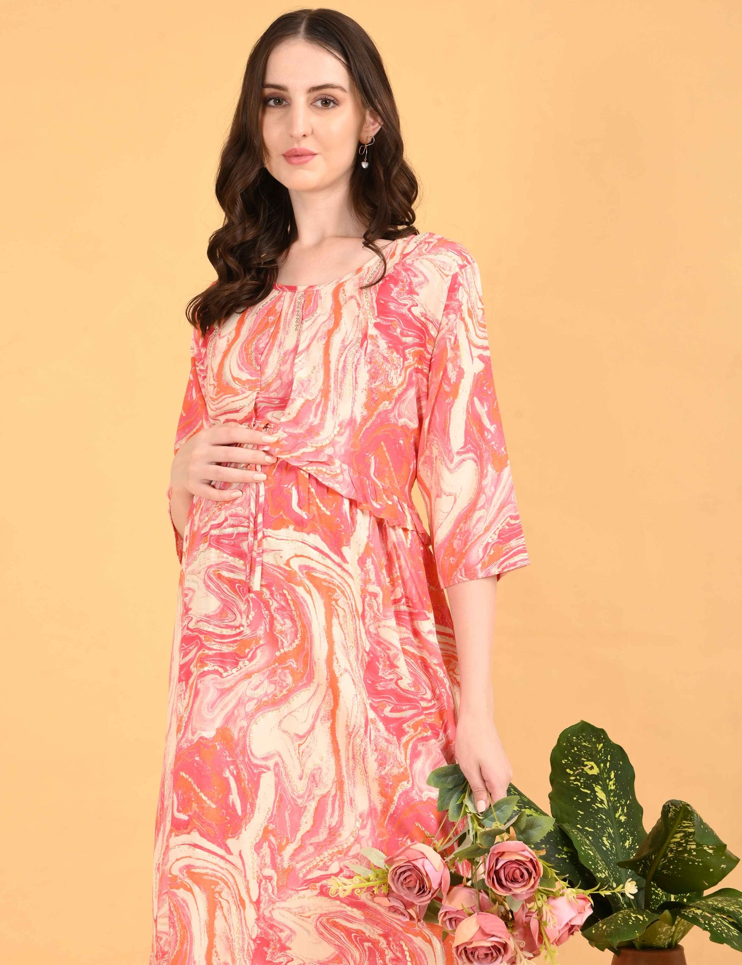 Peach-Colored Maternity 3/4th Gown