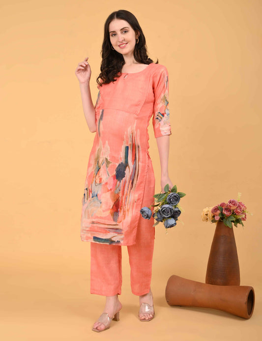 Womens Maternity Kurti Pant Set - Peach