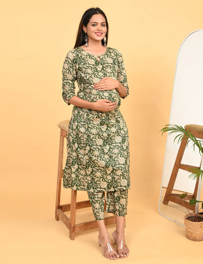 Womens Maternity Kurti Pant Set - Olive