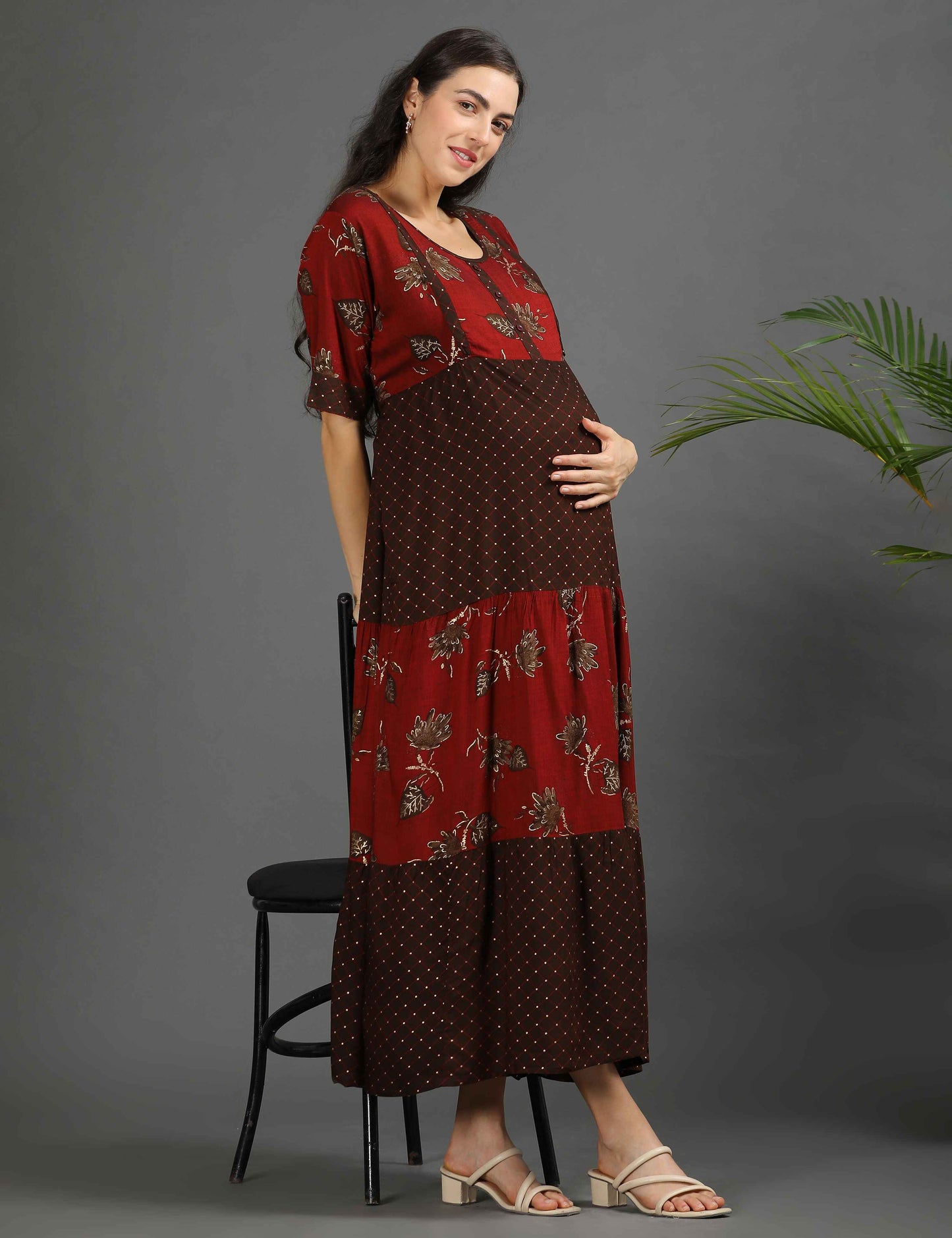 Maroon-Colored Maternity Long Gown