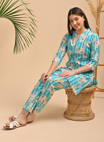 S Green-Colored Printed Long Top Co Ord Set