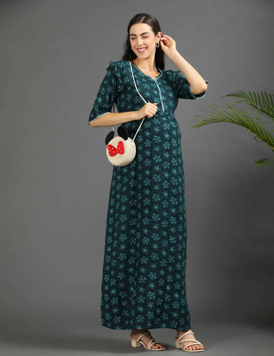 Green-Colored Maternity Long Gown