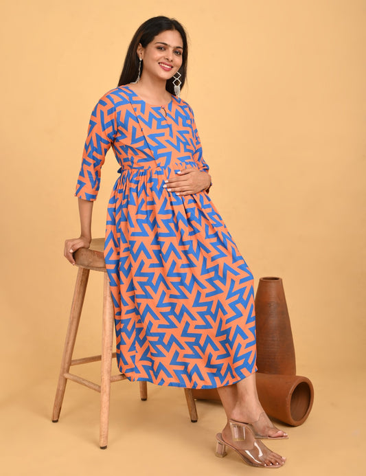 Blue-Colored Maternity 3/4th Gown