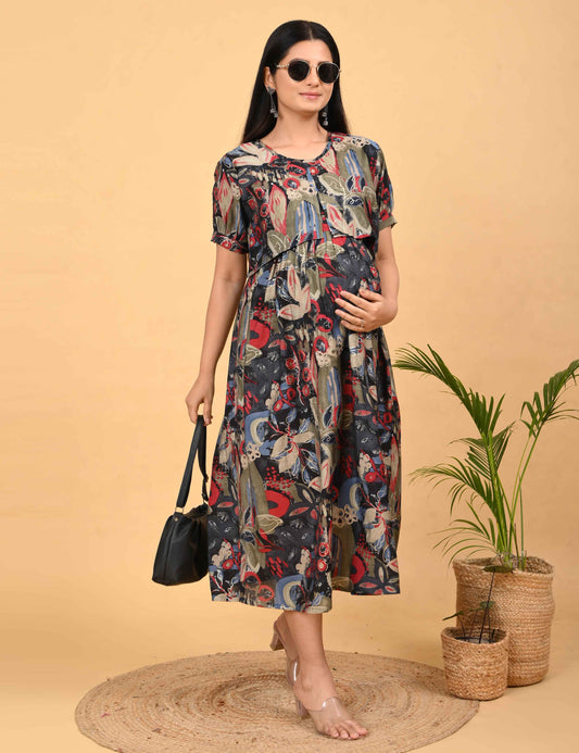 Charcoal-Colored Maternity 3/4th Gown