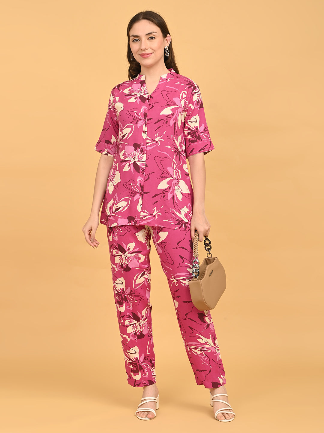Fuchsia-Colored Printed Co-Ord Set