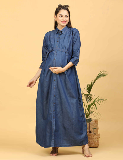 Womens Denim Maternity Long Gown - Blue