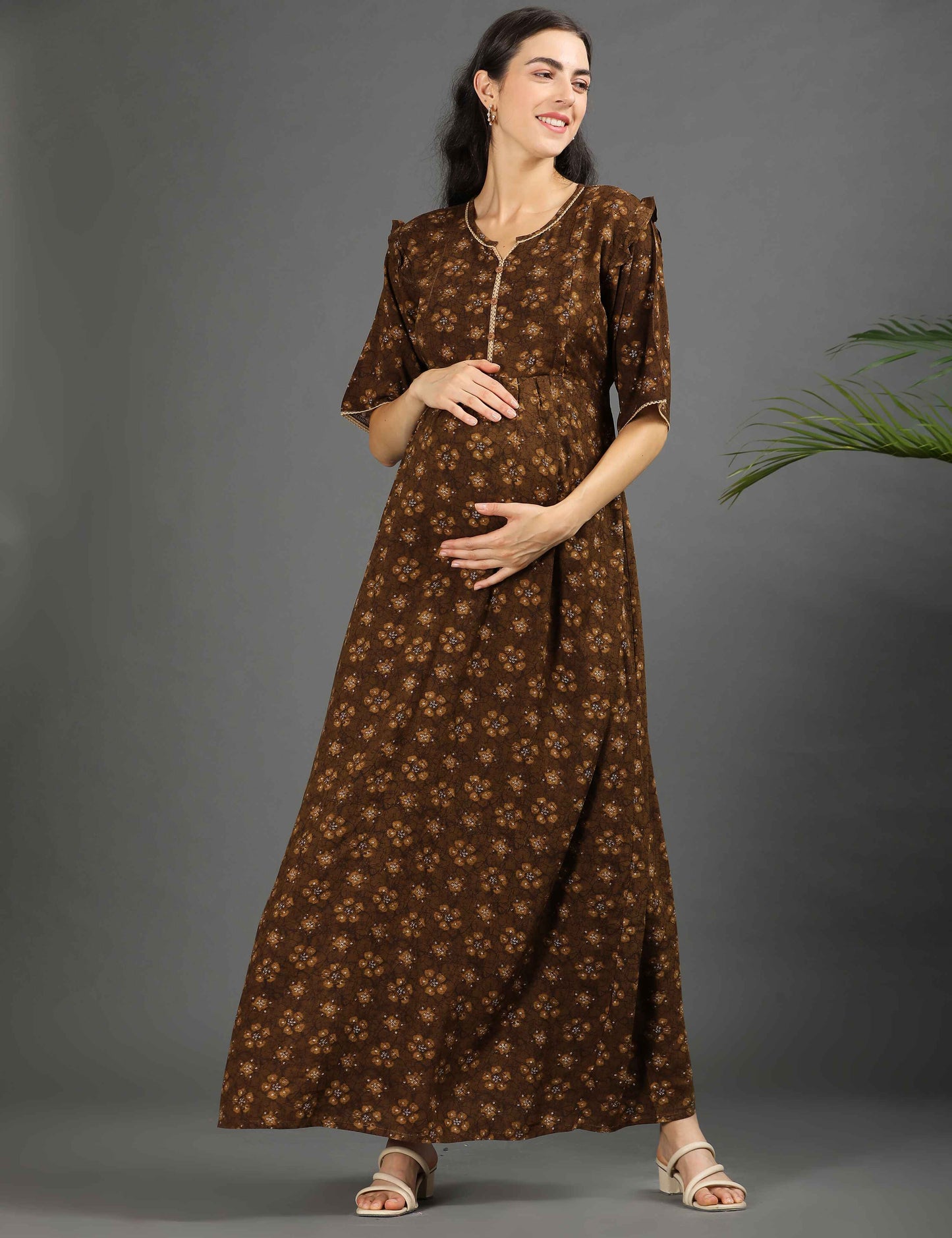 Khaki-Colored Maternity Long Gown