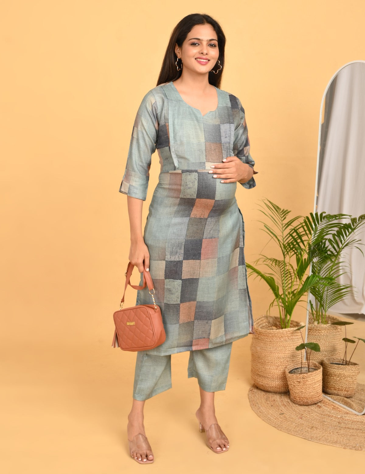 Womens Maternity Kurti Pant Set - Grey